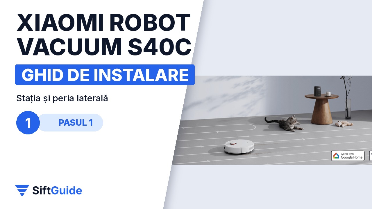 Robotul Xiaomi S40C pe podea, lângă stația de andocare