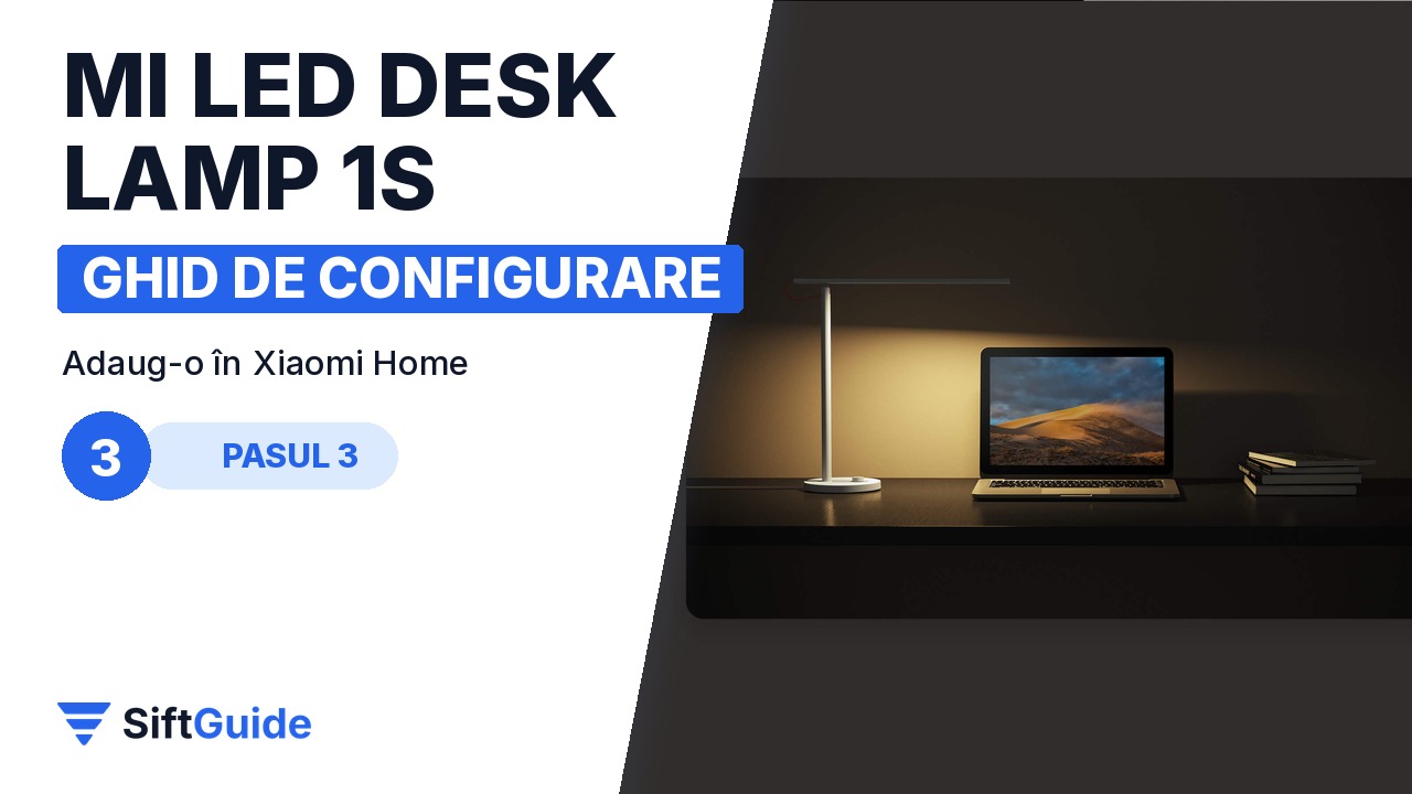 Lampa Mi LED Desk Lamp 1S lângă un laptop, într-un birou de acasă